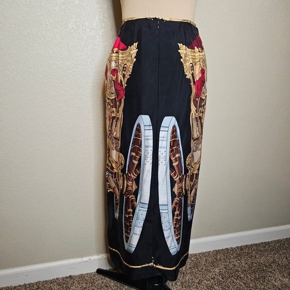 Emanuel Ungaro Vintage 100% Silk Baroque Scarf Print Maxi Skirt Black Gold 4 - Picture 5 of 12